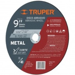 Disco p/corte de metal, tipo 41, diámetro 9', usos generales
