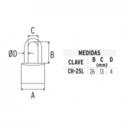 Candado de hierro, 25mm, gancho largo, caja