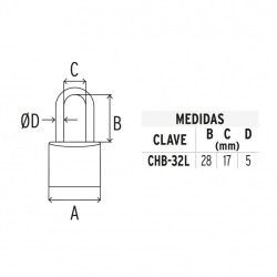 Candado de hierro, 32 mm, gancho largo, blister