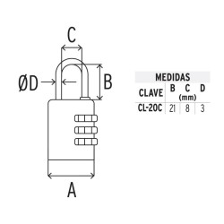 Candado de latón, 20mm de combinación, blister