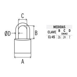 Candado de latón, 45mm, gancho corto, blister