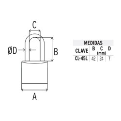 Candado de latón, 45mm, gancho largo, blister