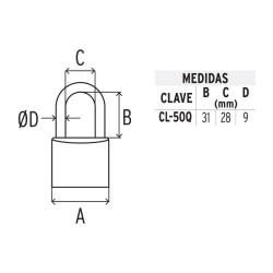 Candado de latón, 50mm, gancho corto,llave de puntos,blister
