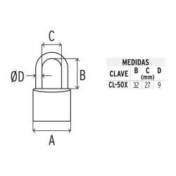 Candado de latón, 50mm, gancho corto, llave tetra, blister