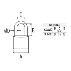Candado de latón, 60mm, gancho corto, llave tetra, blister